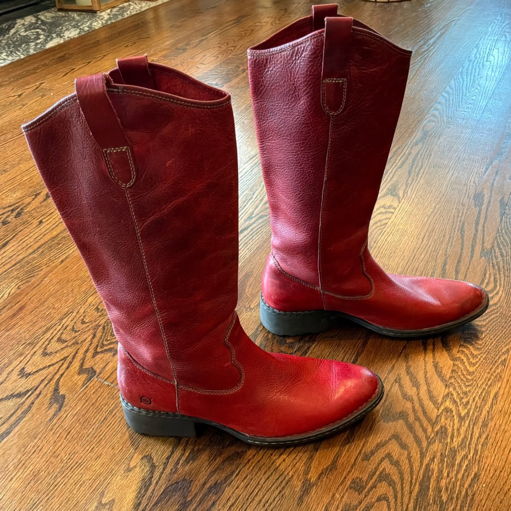 Born Red Leather Tall Western Boots Almond Toe Lug Sole W0728 Womens 11 Cowgirl